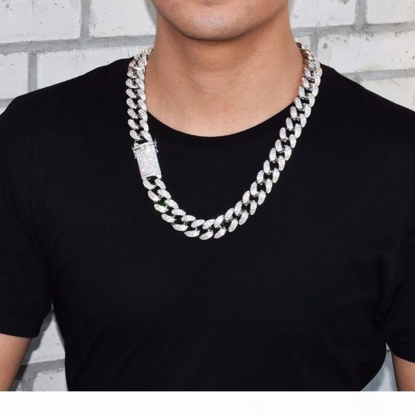 

new seller 20mm iced out zircon cuban necklace chain hip hop jewelry copper material cz clasp mens necklace link 18-28inch, Silver