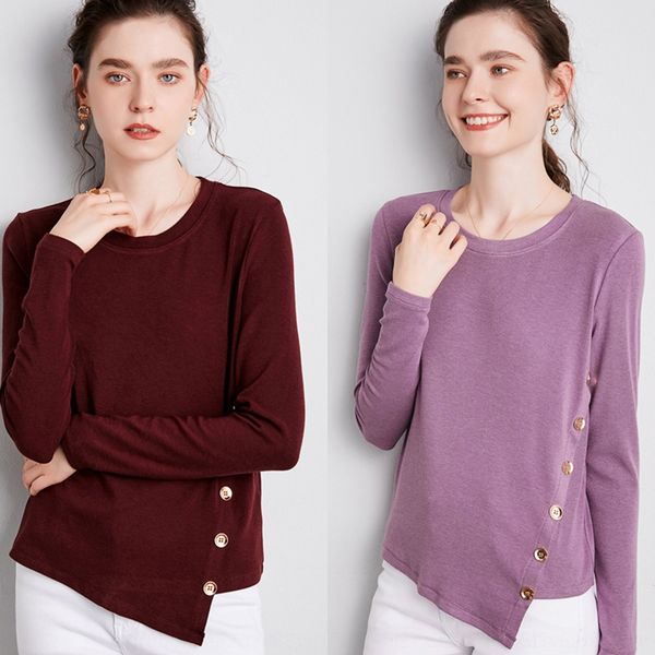 

onz8c design button sense women's loose coat t-shirt fall 2020 new round diagonal t-shirt irregular neck long sleeve ins fashion a66, White