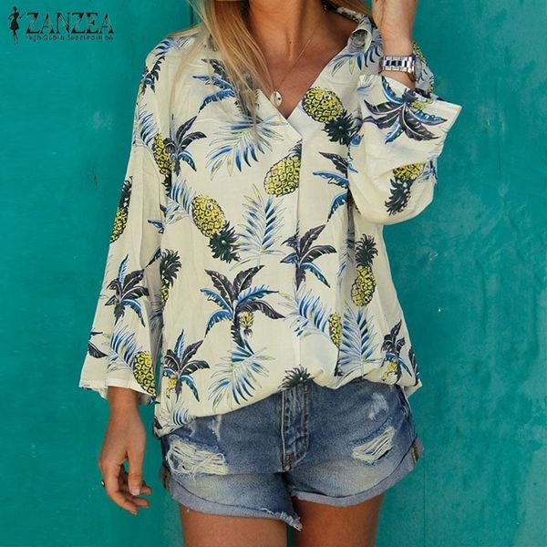 

zanzea bohemain pineapple printed women's summer blouse fashion hawaii holiday shirts female v neck long sleeve blusa tunic y200622, White