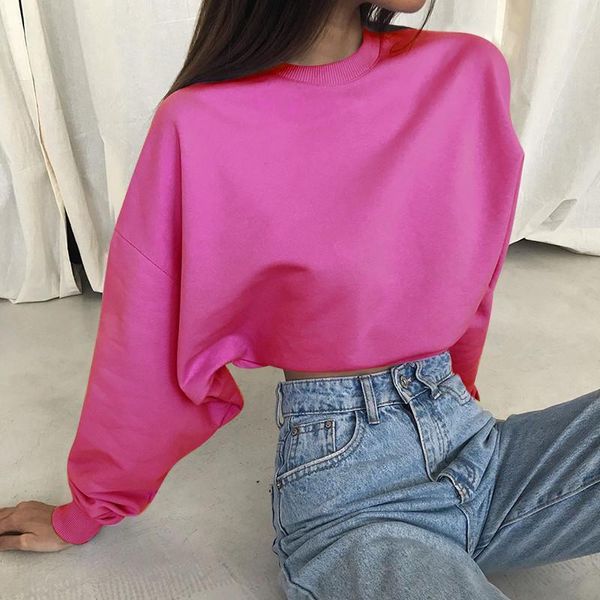 

solid color female sweatshirts long sleeves casual o-neck loose wear women spring fall cropped lady pullover sweatshirt1, Black