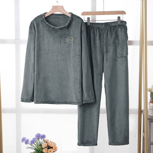 

50- flannel men's pajamas winter plus velvet long sleeve sleepwear male homewear plus size thicken pajama pants 2 piece set lj201112, Black;brown