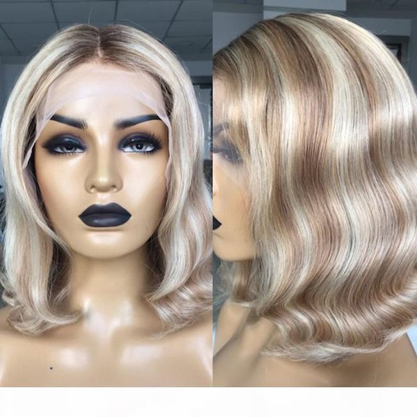 

wavy brazilian ombre highlight blonde 13x6 lace front human hair wigs with baby hair for black women remy natural hairline, Black;brown