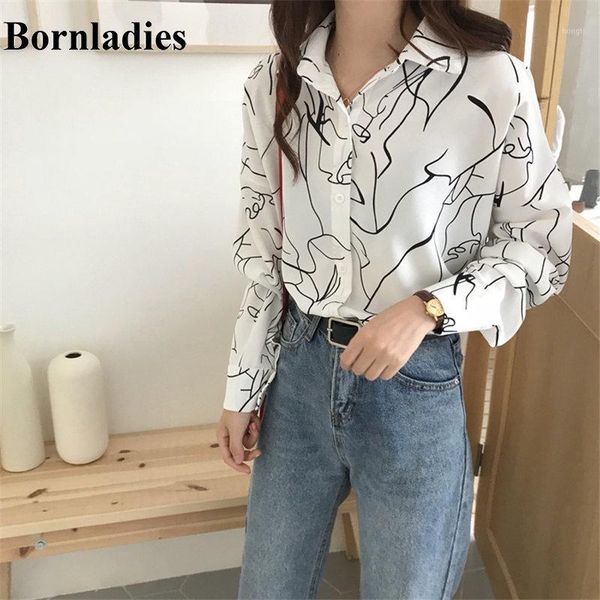 

bornladies abstract printing basic minimalist blouses all match leisure chic fashion florals korean loose long sleeve shirts1, White