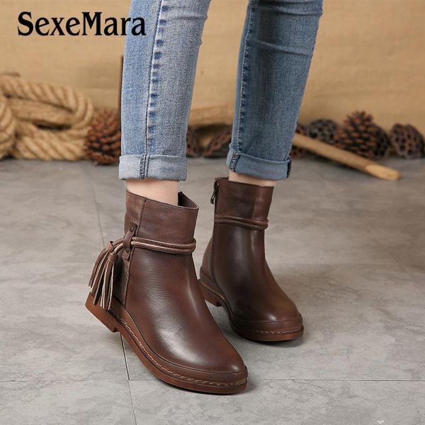 

sexemara vintage leather mid-calf women's boots plus velvet winter keep warm tassel women flats boots ladies round toe shoes, Black