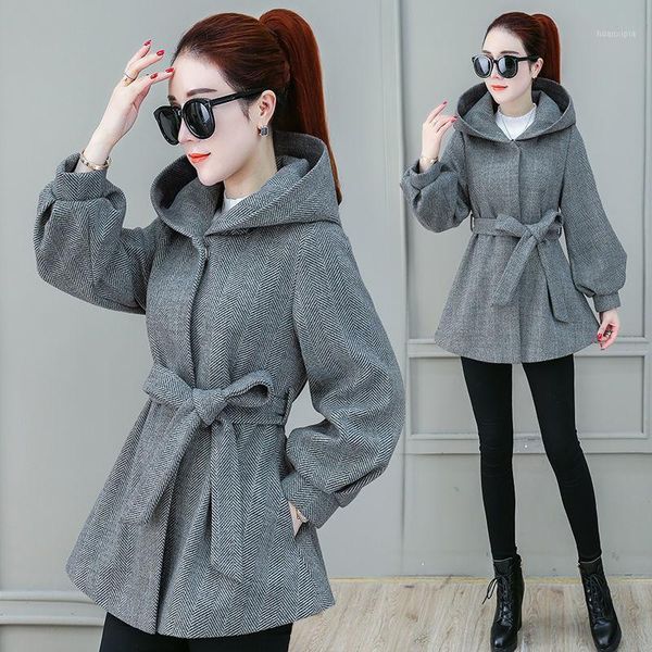 

high-end herringbone] large size woolen coat women autumn and winter 2020 new small waist woolen cloth1, Black