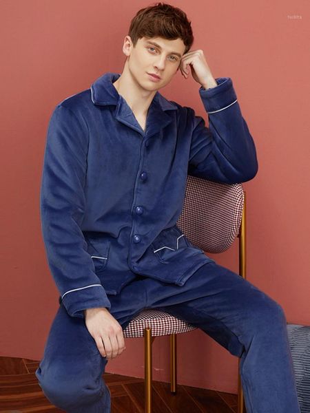 

winter pajamas thickened lapel men's pajamas flannel cashmere winter warm suit plush men's home wear1, Black;brown