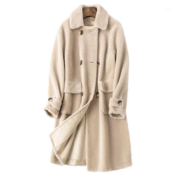 

jacket 100% wool real female winter coat women clothes 2020 korean sheep shearling fur long abrigo mujer zt44091, Black