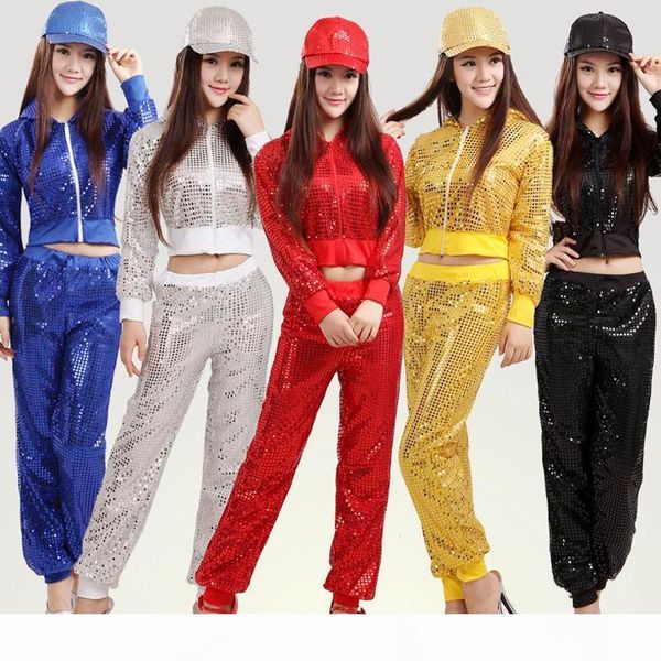 

women modern sequined hip hop dancing +pants costume men party performance dancewear jazz dance clothing outfits, Black;red