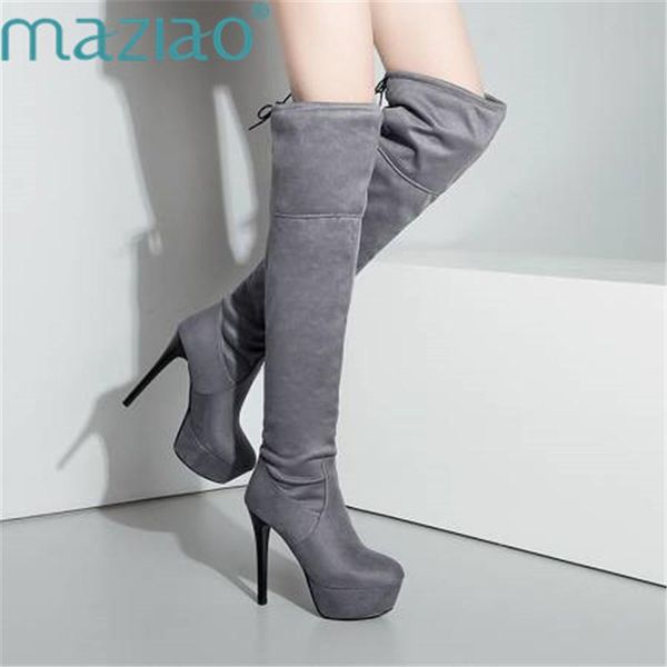 

women long boots over the knee boots ladies party round platform fashion tall motorcycle high heel maziao, Black