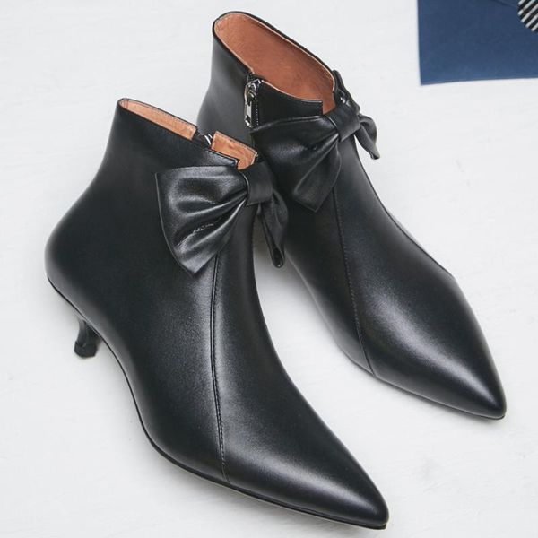 

boots women's genuine leather thin high heel siede zip autumn ankle korean style bow tie sweet comfortable short shoes, Black