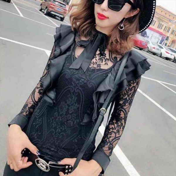 

elegant long sleeve hollow out lace blouses women ruffles bow tie lace pullovers shirts women hollow out ruffles, White