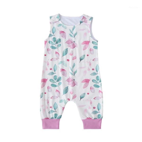 

jumpsuits toddler baby girls summer cotton casual leaf print sleeveless rompers playsuit 0-18m1, Blue