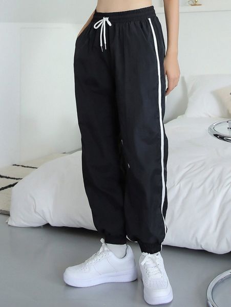 

dazy contrast tape drawstring waist joggers t4b1#, Black;white