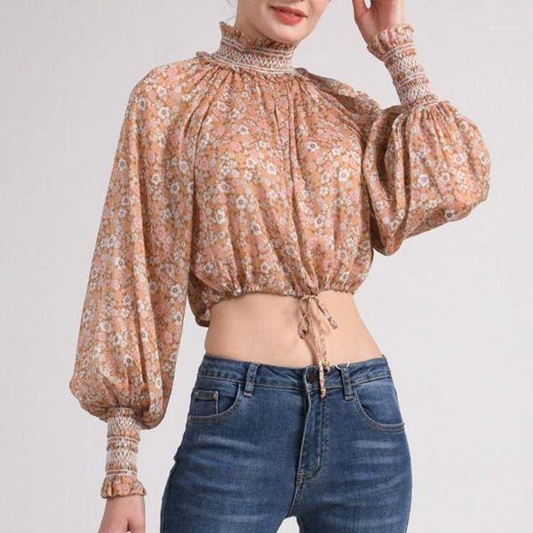 

retro floral women blouse turtleneck long lantern sleeve lady short shirt and fashion 20201, White