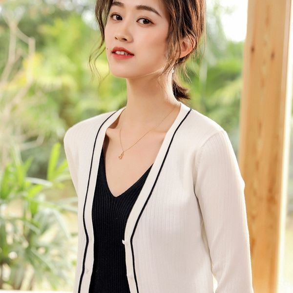 

new spring and knitwear sweater knitted sweaterautumn thin knitwear women's cardigan long sleeve v-neck short sweater shawl jacket hpgf, White;black