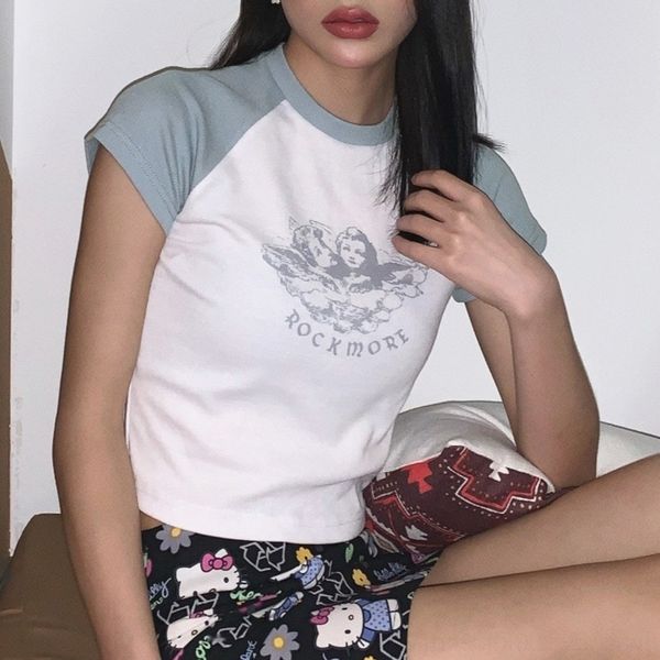 

d68so ultra fire women's slim fit open navel angel print ins t-shirt coat short sleeve t-shirt 2020 nfqmb, White