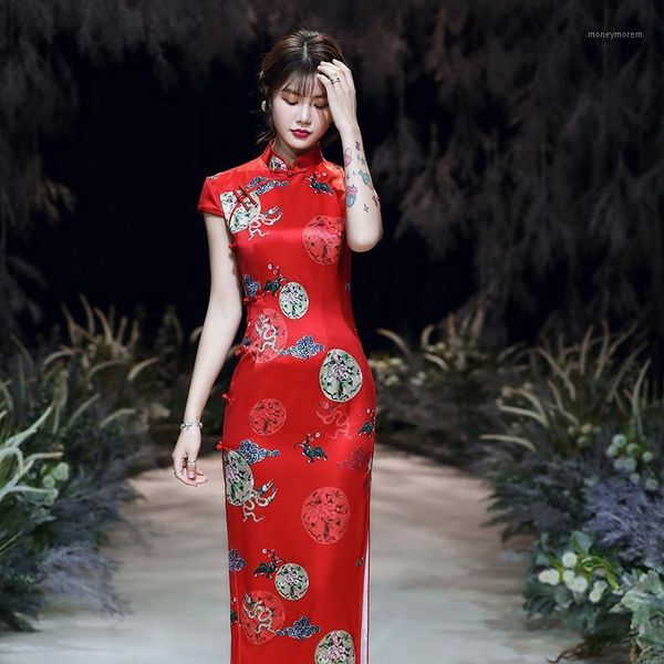

ethnic clothing red short sleeve classic women cheongsam elegant long qipao summer print dress mandarin collar plus size 3xl 4xl1