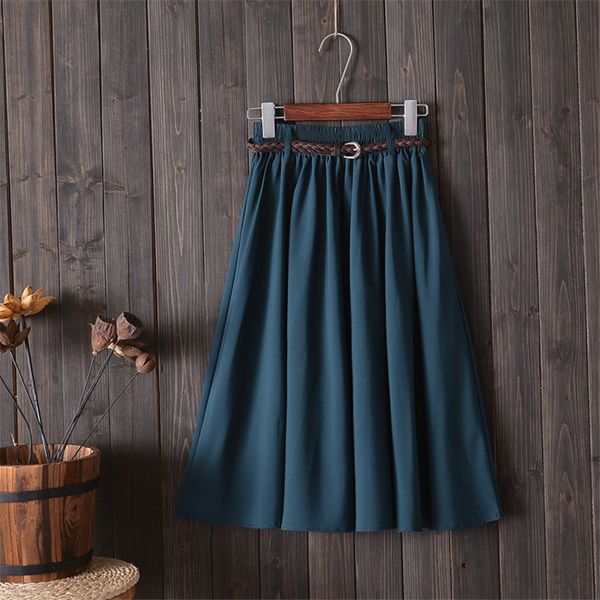 

2019 women vintage stretch high waist skirt skater flared pleated swing skirt+belt summer solid a-line sweet skirts