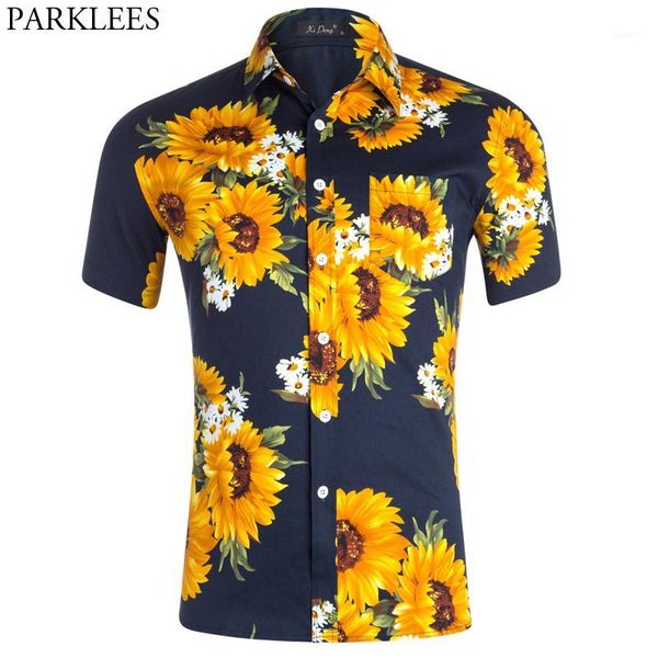 

sunflower fashion printed men hawaiian shirt short sleeve casual mens beach shirts tropical aloha male vacation clothing chemise1, White;black