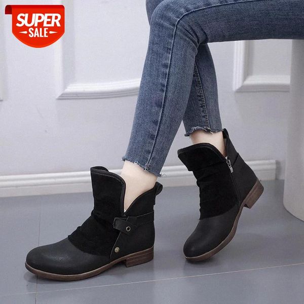 

2020 new winter fashion women ankles boots plush pu leather patchwork zipper buckle low heel female casual plush short boots #6y9d, Black