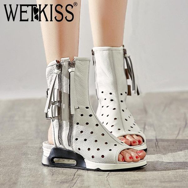 

wetkiss 2020 genuine leather summer boots new peep toe high neck platform footwear cutout wedges zipper high heeled girl shoes, Black