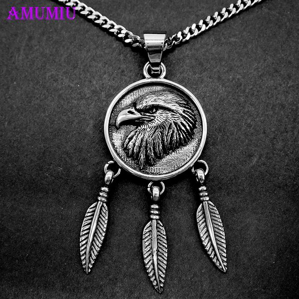 

amumiu vintage pendant necklace feather eagle steel punk tribal indian chief head sweater accessory p084 201104, Silver