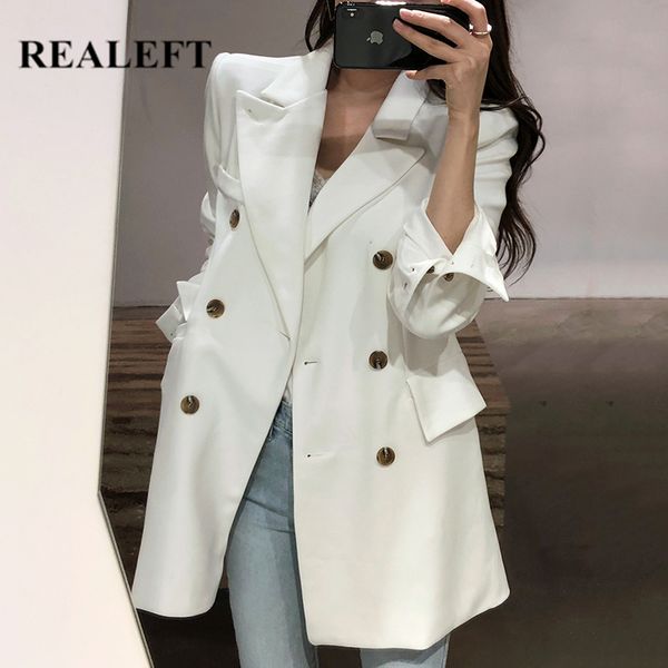 

realeft новый 2020 осень зима elegant твердые женщин blazer двойной брестед с длинным рукавом формальное офис куртки и пиджаки женский, White;black