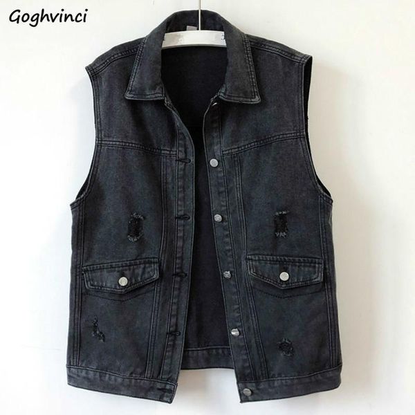 

women's vests women denim plus size 3xl single breasted frayed hole loose outwear waistcoats vintage jackets streetwear harajuku1, Black;white