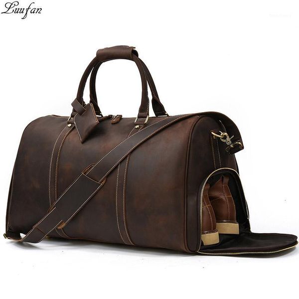 

luufan mens genuine leather travel bag travel tote big weekend bag man cowskin duffle with shoe pocket luggage male handbags1