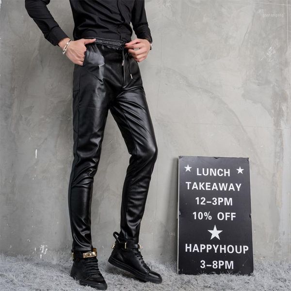 

2021 men's casual leather pants youth black elastic waist skinny pants autumn pu leather1