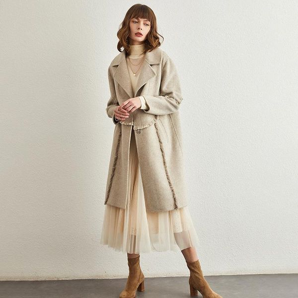 

100% cashmere coat women spring winter 2020 double faced woolen coat women's long high-end hepburn zero cashmere wool trend1, Tan;black