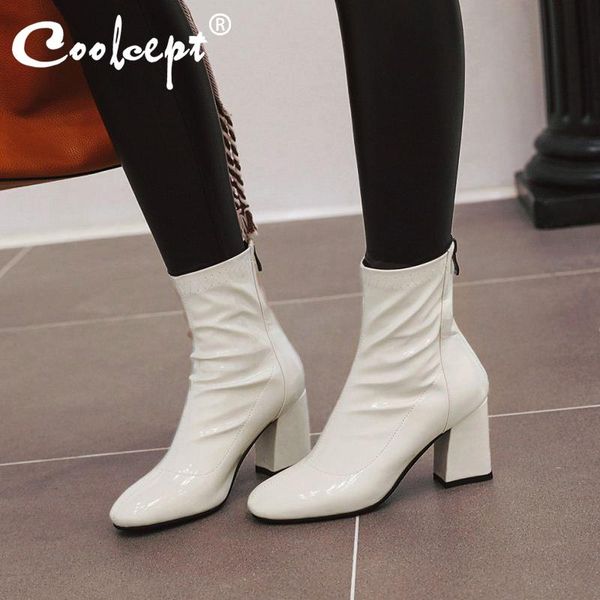 

coolcept плюс размер 33-46 женщины половина короткие сапоги площади toe офис высокой пятки зимы женщин вскользь zipper меха короткие сапоги, Black