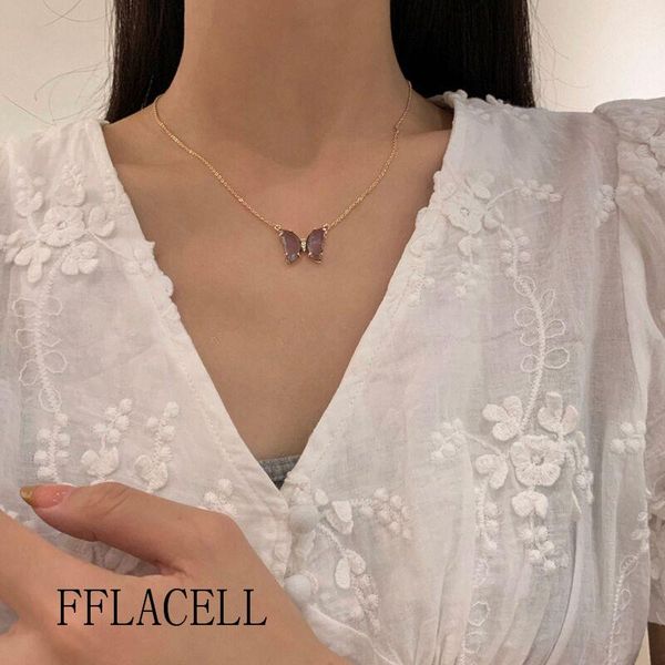 

fflacell korean version of ins wind niche design dream color crystal transparent butterfly necklace women party accessories, Silver