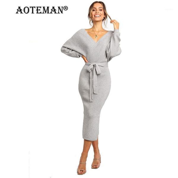 

women dress spring autumn female clothing elegant solid party dresses vintage v-neck knitting long sleeve fashion dress ll1591, Black;gray