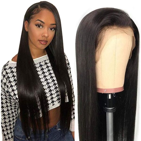 

heat resistant hair jet black color synthetic lace front wig black women middle part hand tied long silky straight lace wig