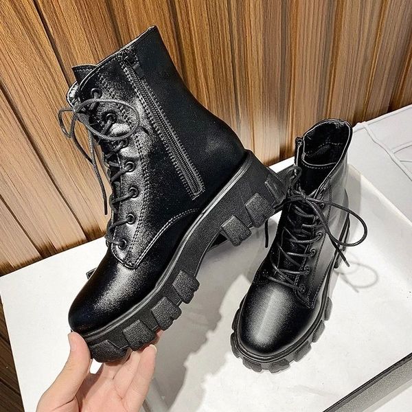 

brand women's shoes rubber boots lace up summer booties flat heel round toe boots-women fashion rain ankle rock autumn med #xm8n, Black