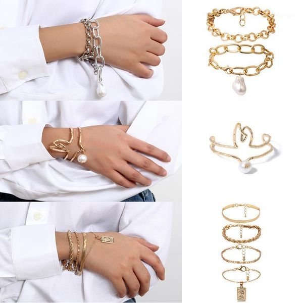 

charm bracelets youvanic fashion punk pearl pendant chunky chain bracelet set for women geometric thick link open bangles jewelry 04991, Golden;silver