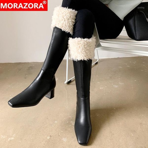 

morazora 2021 new arrival winter boots genuine leather boots thick heels square toe keep warm knee high women1, Black
