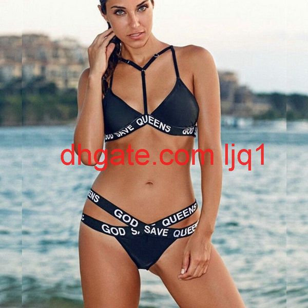 

letter women's split triangle bikini bandage neck swimsuit bikini, White;black
