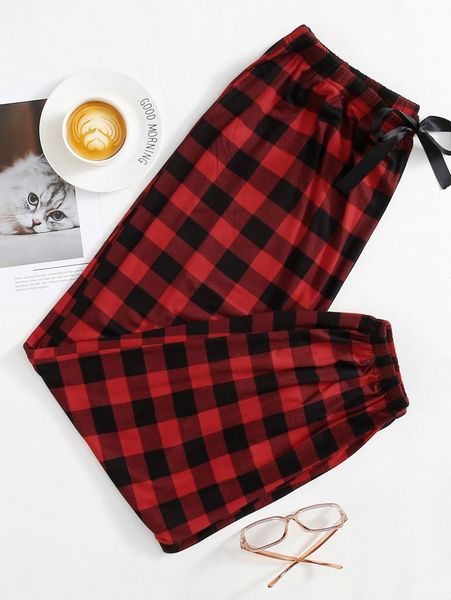 

plus gingham print knot front sleep pants f2ve#, Black;white