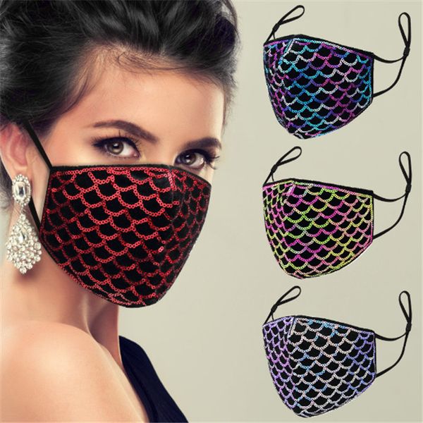 

sequin face mask glitter paillette reusable washable soft cotton inside women party masks decoration fish scale design bling 3d face mask