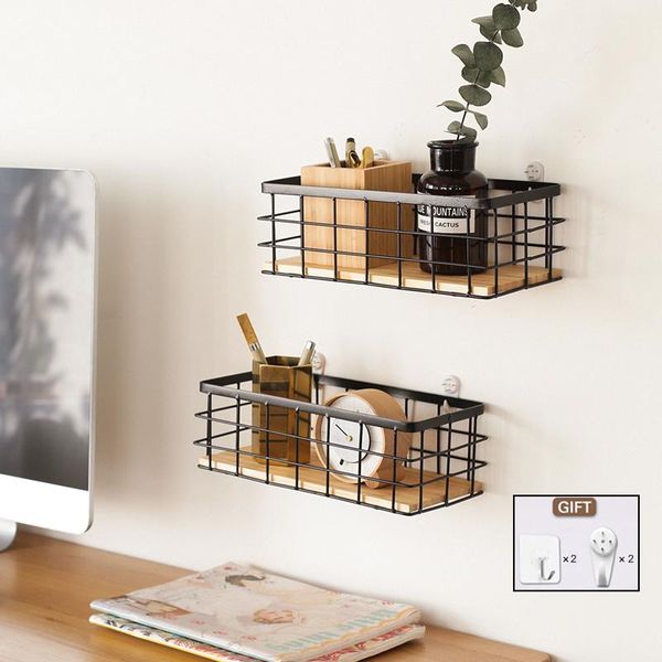 

hooks & rails iron wall shelf wtih wooden board hanging storage basket metal sundries shelves holder rack home decoration organizer