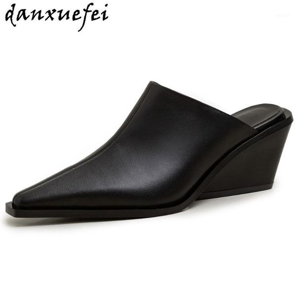 

dress shoes women's genuine leather wedge pointed toe slip-on pumps female soft comfortable casual daily mules summer for women1, Black