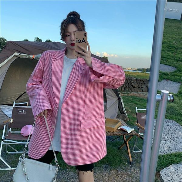 

autumn 2021 new korean loose pink houndstooth split mid-length blazer suit jacket female suit with pockets1, White;black