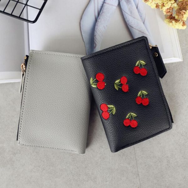 

hbp fashion women short wallet pu leather cherry embroidery coin purse card holders lady girl mini money bag, Red;black