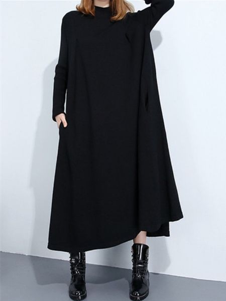 

high seam new neck side oversized loose pocket dress, Black;gray