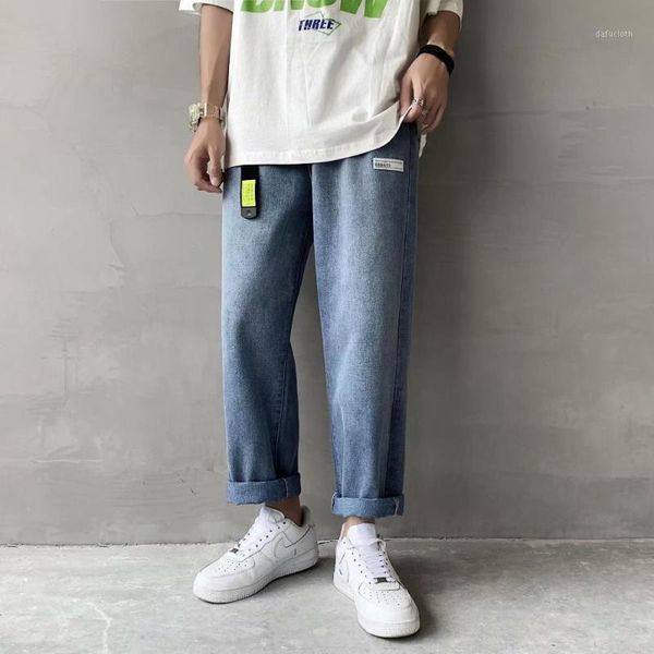 

bxyichen straight jeans men's korean version of the trend of wild loose spring hong kong trendy brand wide leg cropped pants1, Blue
