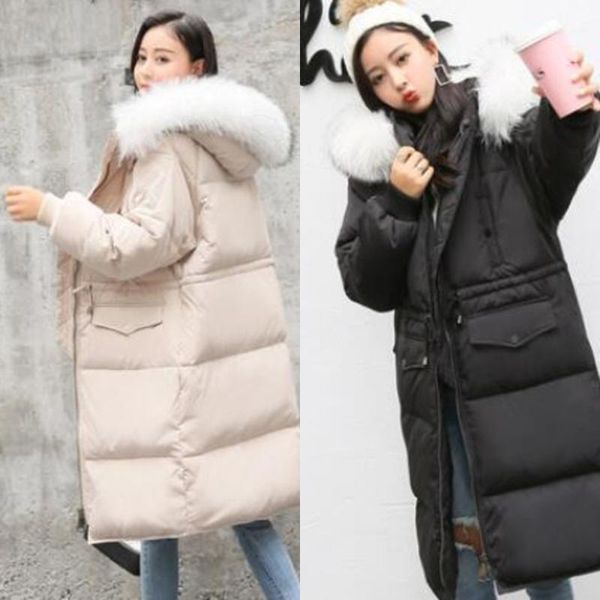 

women winter white duck down parka large real fur collar hooded down jacket long coat female warm loose overcoat1, Black