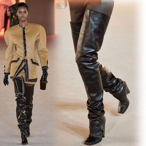 

2020 new winter boots women square toe over the knee boots for women fashion runway high heels thigh high shoes1, Black