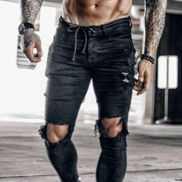 

men's jeans men sknny hole casual pants clothing black pencil denim pant, Blue